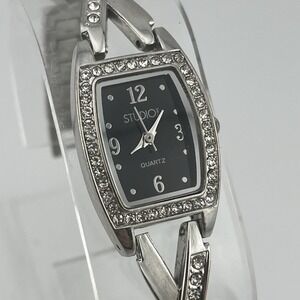 Studio Time Watch Women 21mm Silver Case Black Dial 7" Band- New Battery